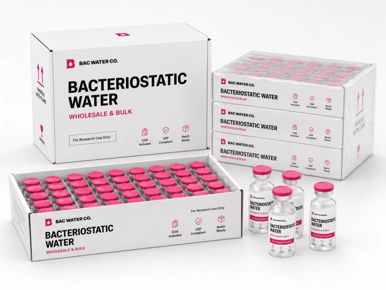 Wholesale cartons and a tray of bacteriostatic water vials with COA, USP-compliant, and batch-ready labeling